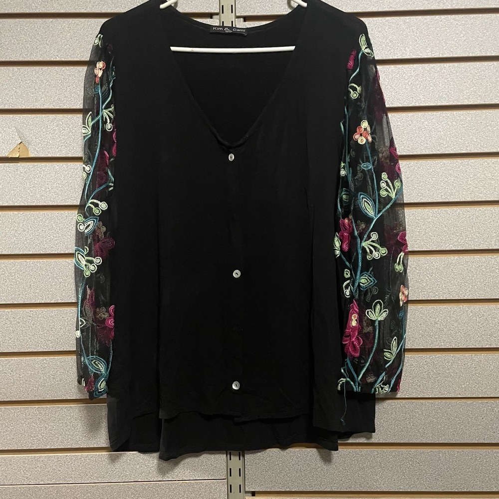 Kim & Cami black sweater with sheer sleeves with embroidered flowers Ladies LG L